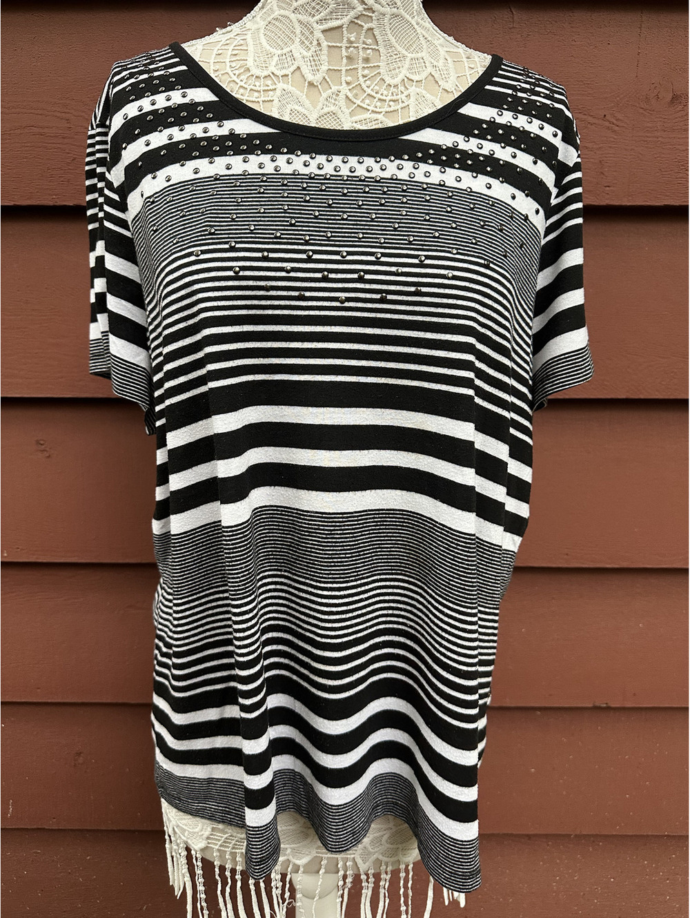CJ Banks Black and White Striped Studded Short Sleeve Top Casual Y2K